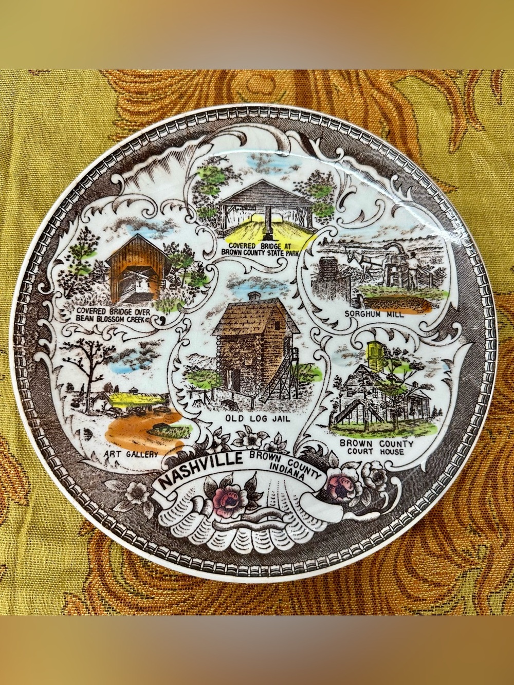 Nashville Brown County VNTG Souvenir Plate Covered Bridge Bean Blossom Indiana